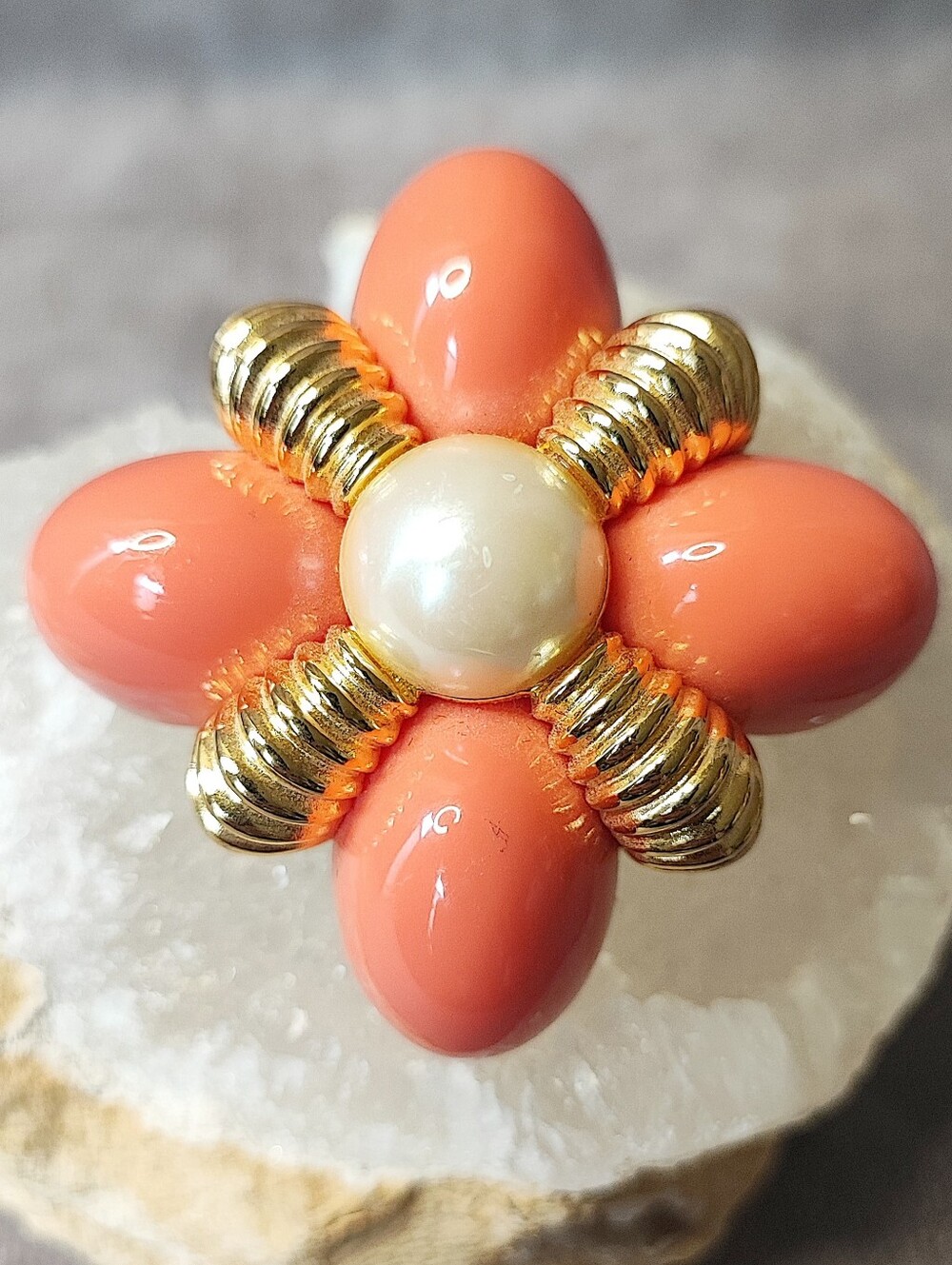 Joan Rivers Coral Cabochon Gold Tone Electroplate Vintage Faux Pearl Brooch